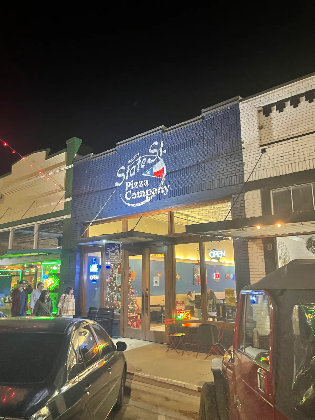 a store front at night